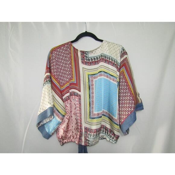 Willow & Root Women’s Small Boho Patchwork Kimono Sleeve Tie Waist Blouse Festiv - Picture 3 of 8